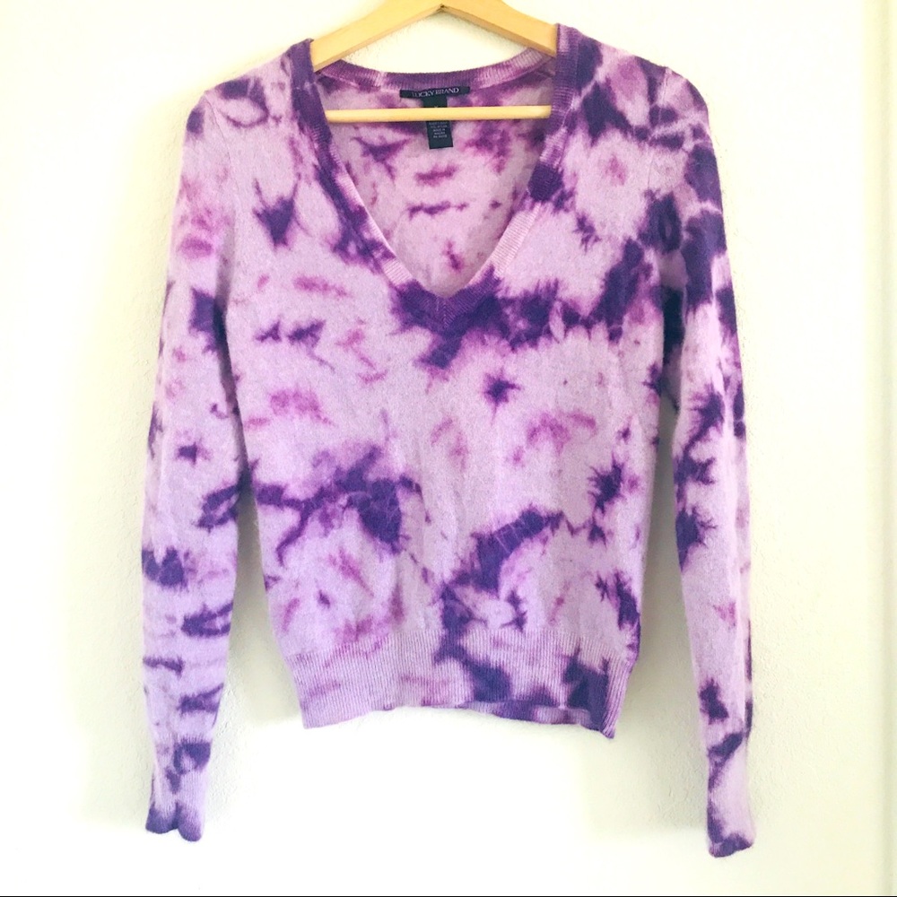 Lucky brand purple tie dye v neck angora and lambs wool sweater Size M
